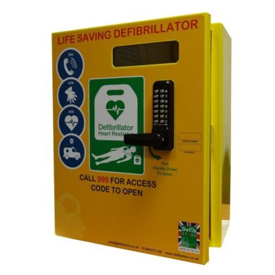 Defibrillator Cabinet - BT Approved -  Stainless Steel Yellow, Keypad lock, Heated, LED light