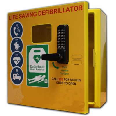 Defibrillator Cabinet - Square - Stainless Steel with Lock & Electrics ideal for Outdoor use - Yellow