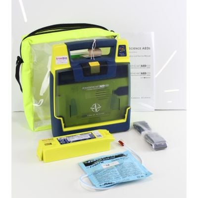 Cardiac Science Powerheart G3 Semi Automatic Defibrillator with NEW Battery (100%) & 1 Pack of New Electrodes image showing defibrillator with all its accessories
