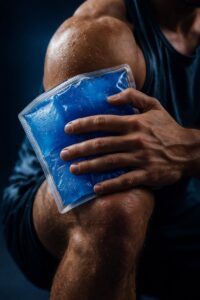 An athlete applying a cold therapy gel pack to the knee after training, demonstrating targeted hot and cold treatment for Hyrox recovery and injury prevention.