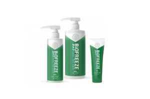 Three Biofreeze pain‑relief gel containers in pump and tube formats, showing topical cooling therapy used by healthcare professionals for pain management and recovery.