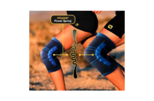Two athletes wearing Pflexx compression knee trainers with visible power‑spring components, demonstrating adjustable resistance and joint‑stability support for strengthening the muscles around the knee.
