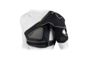A black wraparound shoulder support with adjustable chest and arm straps, providing stabilising compression and a secure anatomical fit for arthritis, tendonitis and previously dislocated shoulders.