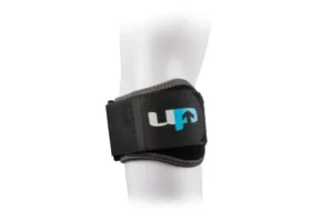 A black UP forearm strap worn just below the elbow, providing targeted compression and stabilising support for tennis elbow and similar overuse injuries.
