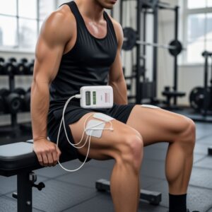 A person seated in a gym using a TENS One muscle‑stimulation device with electrode pads on the thighs, demonstrating targeted electrical therapy for pain relief and recovery.