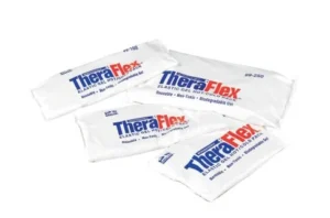 Four TheraFlex hot and cold therapy packs showing flexible, leakproof gel inserts designed for reusable heat or cold treatment in clinical and rehabilitation settings.