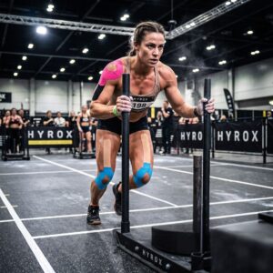 An athlete pushing a sled during a Hyrox event with kinesiology tape applied to the shoulder and knees, demonstrating joint support and muscle stability during high‑intensity training.
