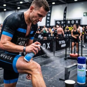 An athlete applying Kool Spray to the thigh during training, demonstrating fast‑acting cooling relief for muscle discomfort and Hyrox recovery.