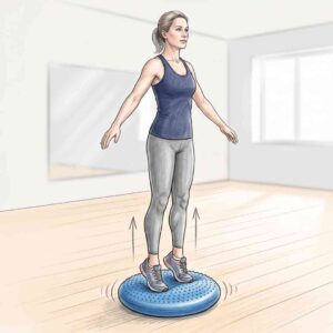 An illustrated person performing a calf‑raise on a wobble cushion, demonstrating controlled ankle strengthening, balance training and lower‑limb stability work used in rehabilitation.