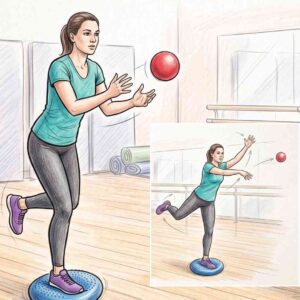 An illustrated person performing a dynamic single‑leg balance challenge on a wobble cushion, incorporating tasks such as catching and throwing a ball and reaching with the free hand to replicate dual‑task demands and functional end‑stage rehabilitation.