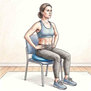 An illustrated person sitting upright on a wobble cushion, demonstrating seated core‑activation work used to improve postural control, trunk stability and rehabilitation.
