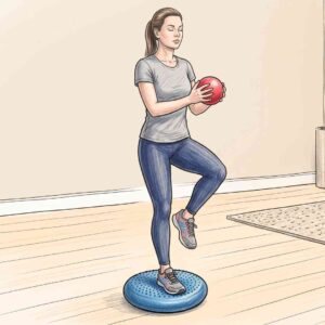 An illustrated person standing on one leg on a wobble cushion while holding a ball, demonstrating a single‑leg stance exercise used to improve balance, proprioception and lower‑limb stability in rehabilitation.