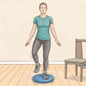 An illustrated person standing on a wobble cushion on the injured leg with eyes closed, demonstrating a single‑leg stance exercise performed only once eyes‑open control is established, held for 15–20 seconds to challenge proprioception and ankle‑stabiliser activation.