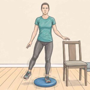 An illustrated person standing on a wobble cushion on the injured leg with eyes open, demonstrating a single‑leg stance exercise that encourages tolerating natural wobble to activate ankle stabilisers, with a support kept within reach for 15–30‑second holds.