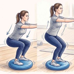 An illustrated person performing a squat and mini‑squat on a wobble cushion, demonstrating controlled lower‑limb strengthening and balance training used in rehabilitation.