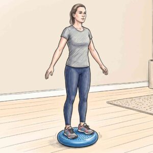 An illustrated person standing on a wobble cushion with both feet, demonstrating a two‑legged balance exercise used to improve core stability, postural control and rehabilitation.