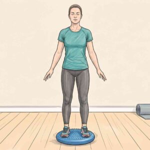An illustrated person standing on a wobble cushion with both feet and eyes closed, demonstrating a two‑legged balance exercise that increases proprioceptive demand by removing visual input, held for 20–30 seconds.