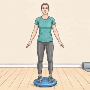 An illustrated person standing on a wobble cushion with both feet and eyes open, demonstrating a two‑legged balance exercise focused on maintaining a level pelvis and avoiding compensatory trunk movement for 30–60‑second holds.