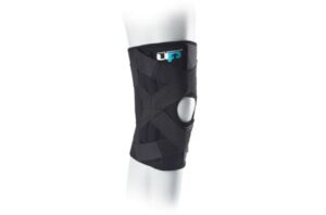 A black wraparound UP knee brace with an open‑patella design and adjustable elastic straps, providing targeted compression and stabilising support for knee pain and joint strain.