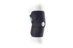 A black wraparound neoprene knee support with an open‑patella design and adjustable straps, providing firm compression, therapeutic heat, and a custom fit for weak, stiff, or aching knees.