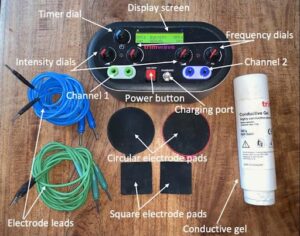 Trimwave H-wave therapy device with labelled dials, electrode pads, leads and conductive gel for equine treatment