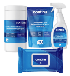 Continu 2 in 1 antimicrobial surface cleaning wipes tub, refill pouch, spray bottle and travel wipes at trimbio