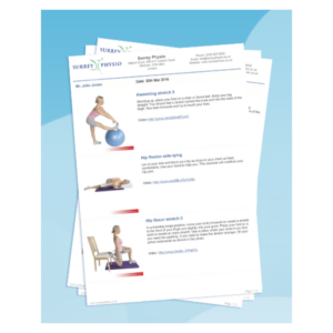 Example patient exercise handout with illustrated stretches, produced by exercise prescription software