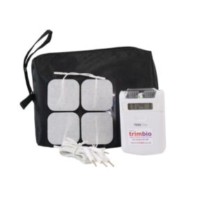 trimbio TENS One machine with carry case, four self-adhesive electrodes and lead wires