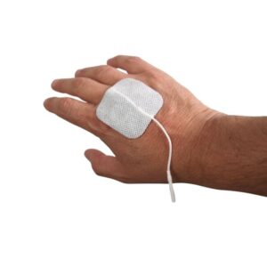 trim-Stick 5cm x 5cm self-adhesive electrode applied to the palm, with lead wire attached